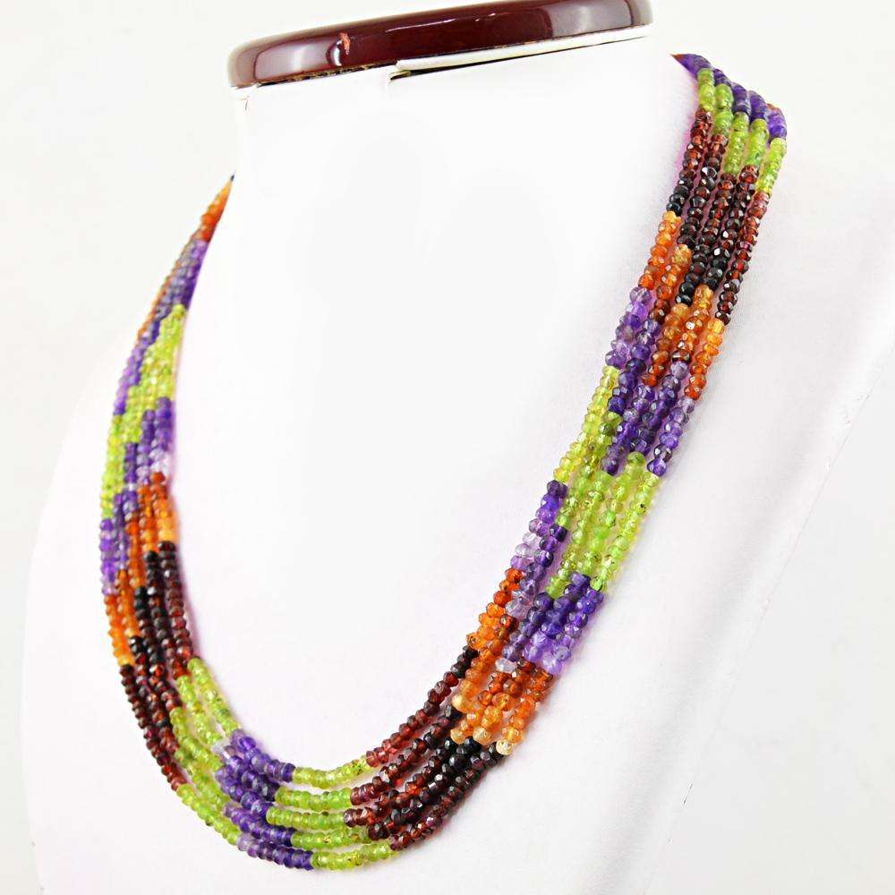 gemsmore:5 Strand Multicolor Multi Gemstone Necklace Natural Round Shape Faceted Beads
