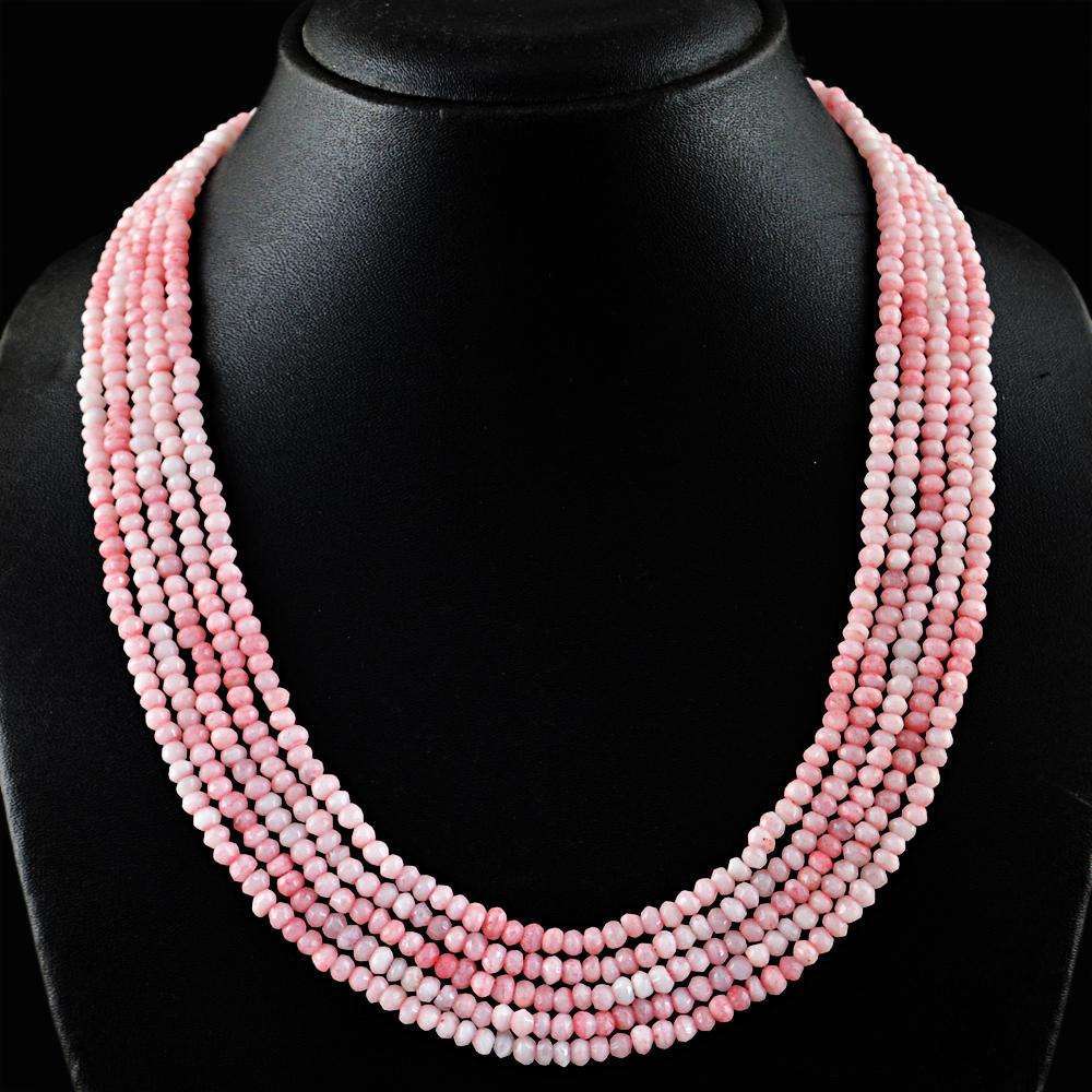 gemsmore:5 Strand Pink Rose Quartz Necklace Natural Faceted Round Shape Beads