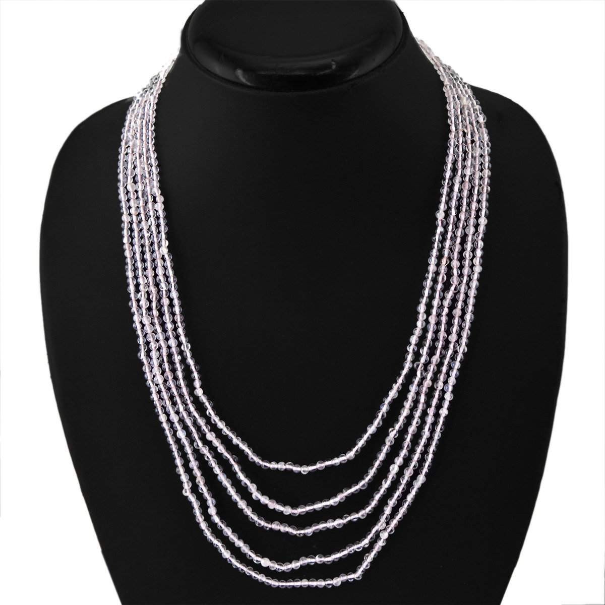 gemsmore:5 Strand Pink Rose Quartz Necklace Natural Round Shape Beads