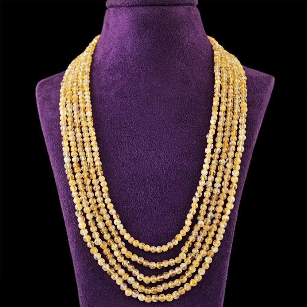 gemsmore:5 Strand Yellow Citrine Necklace Natural Round Shape Untreated Beads