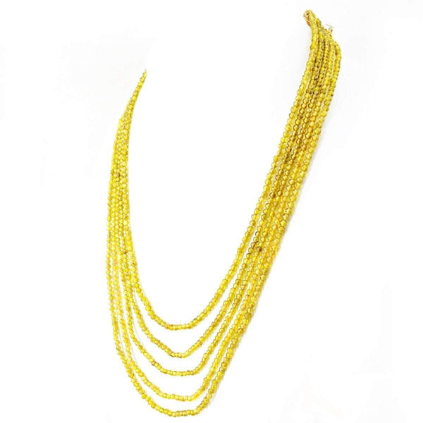 gemsmore:5 Strand Yellow Citrine Necklace Round Shape Beads