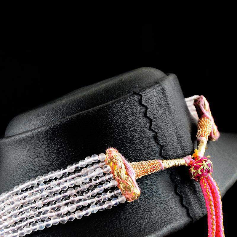 gemsmore:7 Line Pink Rose Quartz Necklace Natural Round Shape Beads