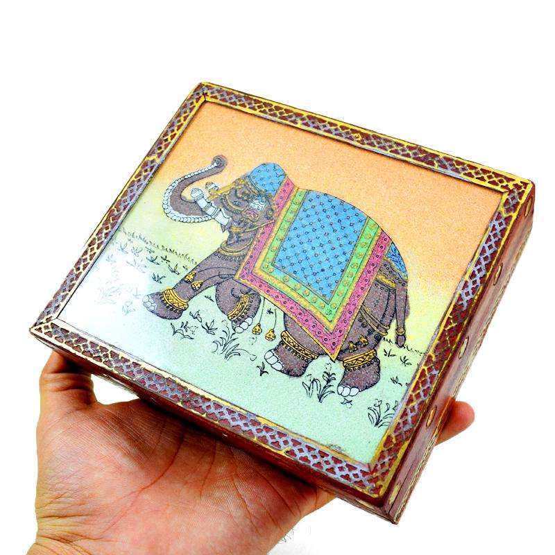 gemsmore:Amazing Animal Painted Wooden Jewellery Box - Carved