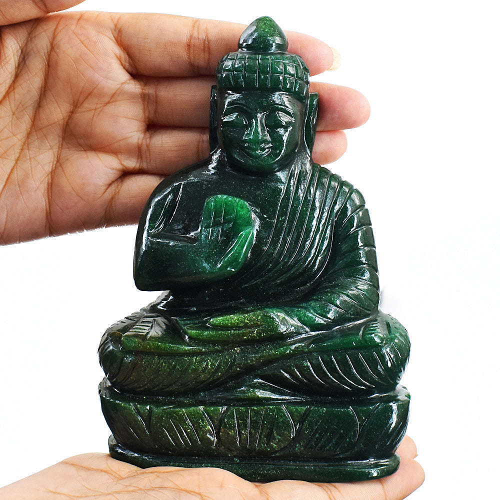 gemsmore:Amazing Artisian Carved Green Jade Lord Buddha Idol