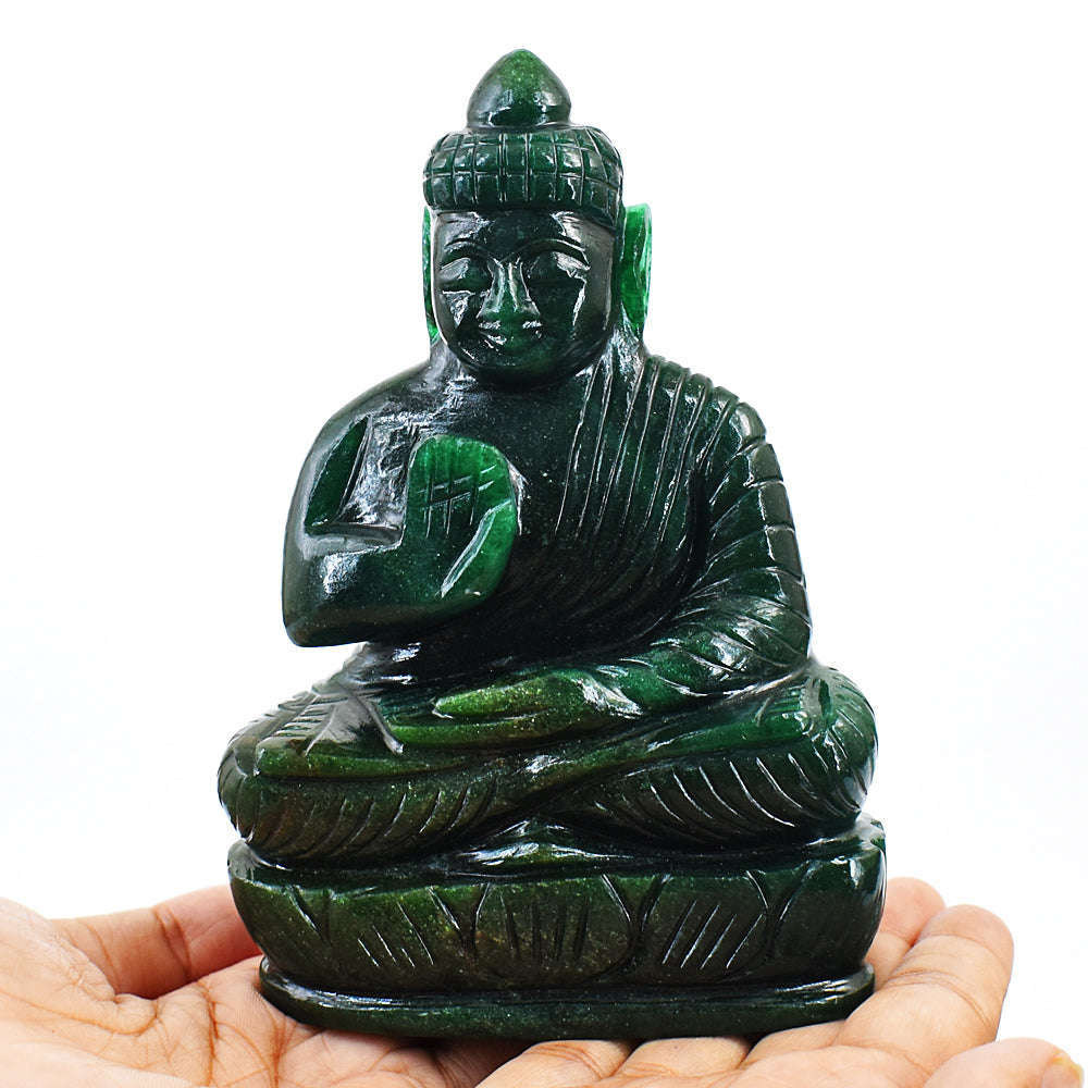 gemsmore:Amazing Artisian Carved Green Jade Lord Buddha Idol