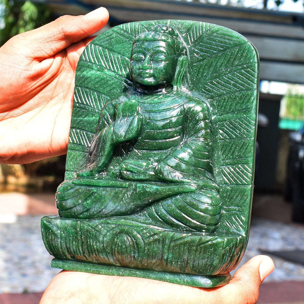 gemsmore:Amazing Artisian Carved Green Jade Lord Buddha Idol