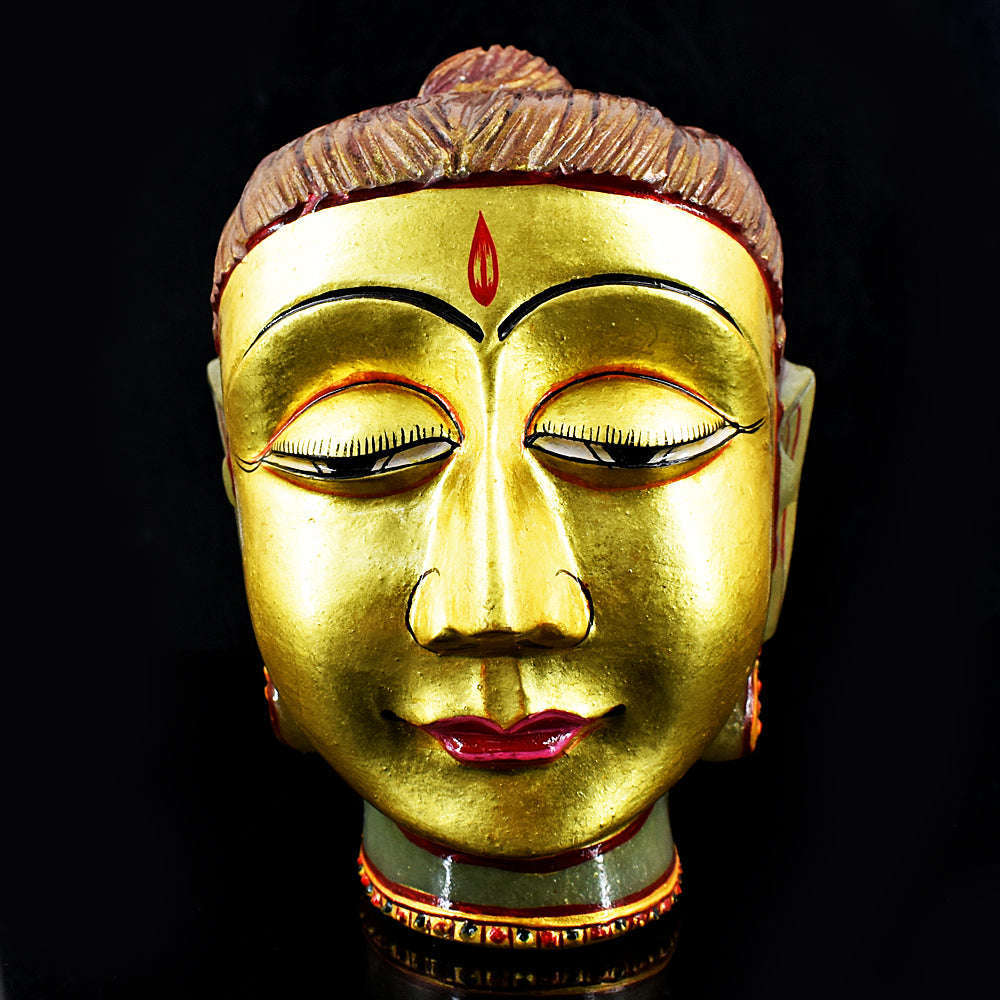 gemsmore:Amazing Aventurine Painted Enamel Work Carved Buddha Head