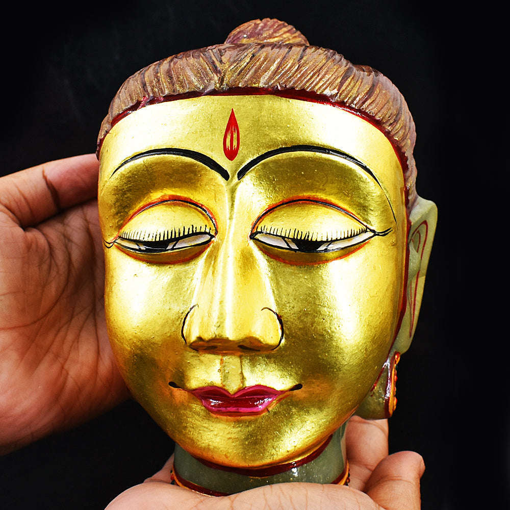 gemsmore:Amazing Aventurine Painted Enamel Work Carved Buddha Head