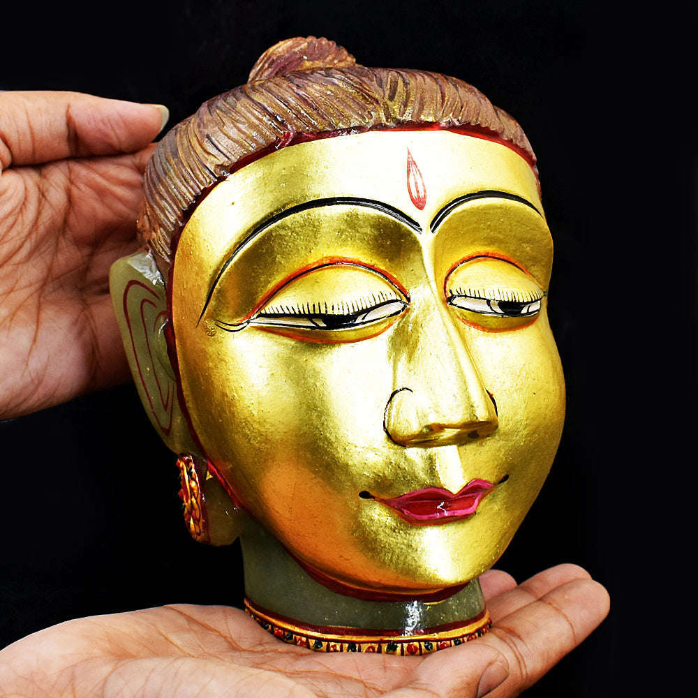 gemsmore:Amazing Aventurine Painted Enamel Work Carved Buddha Head