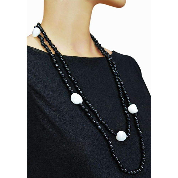 gemsmore:Amazing Black Spinel & White Agate Beads Necklace - Natural Round Shape