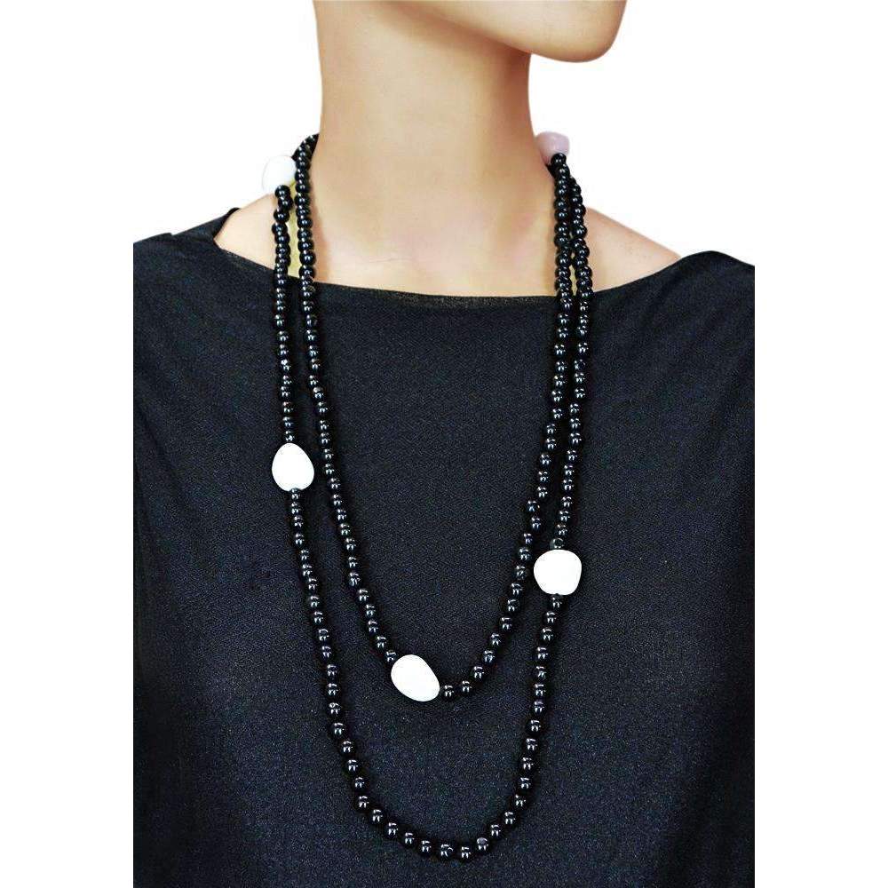 gemsmore:Amazing Black Spinel & White Agate Beads Necklace - Natural Round Shape