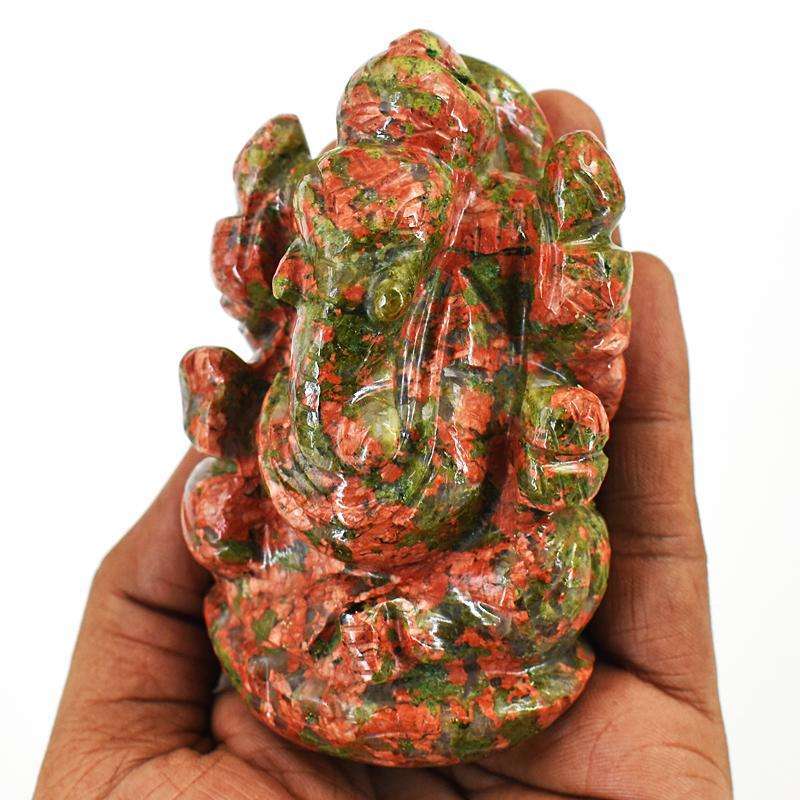 gemsmore:Amazing Blood Green Unakite Hand Carved Genuine Crystal Gemstone Carving Lord Ganesha