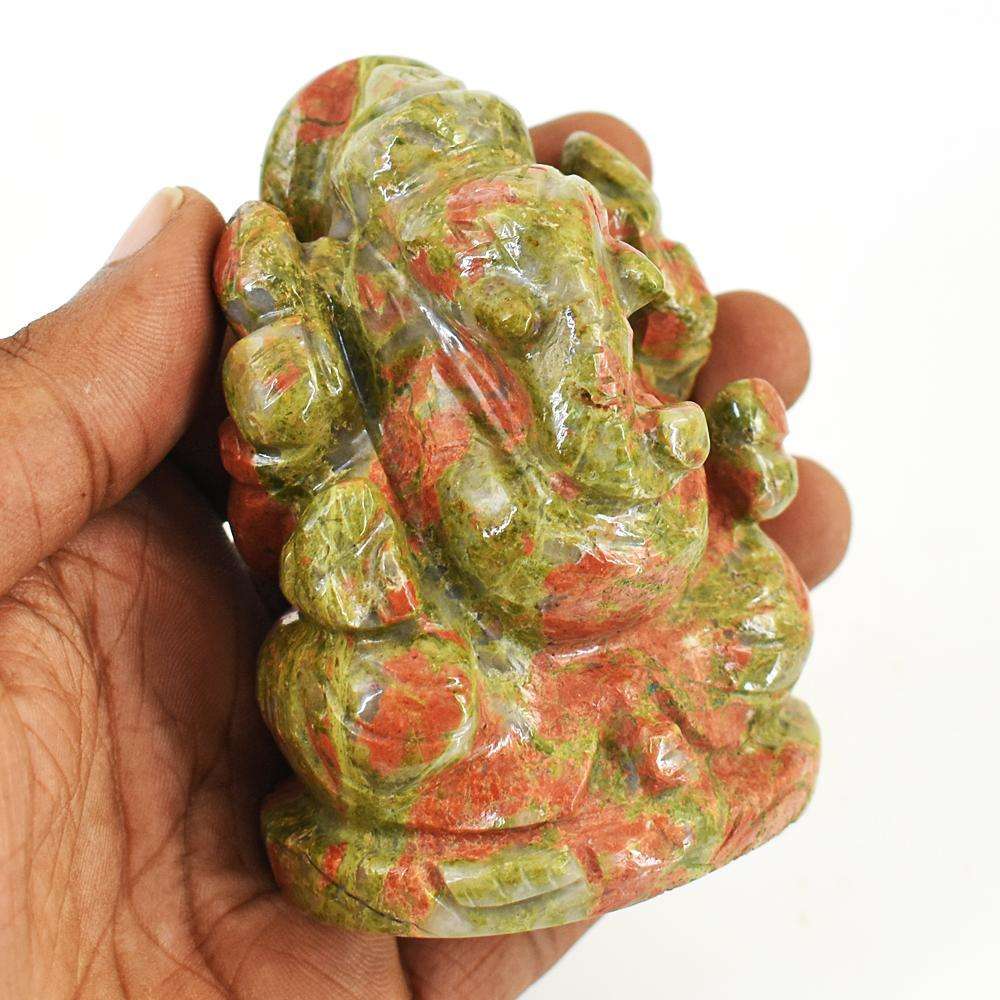 gemsmore:Amazing Blood Green Unakite Hand Carved Genuine Crystal Gemstone Carving Lord Ganesha