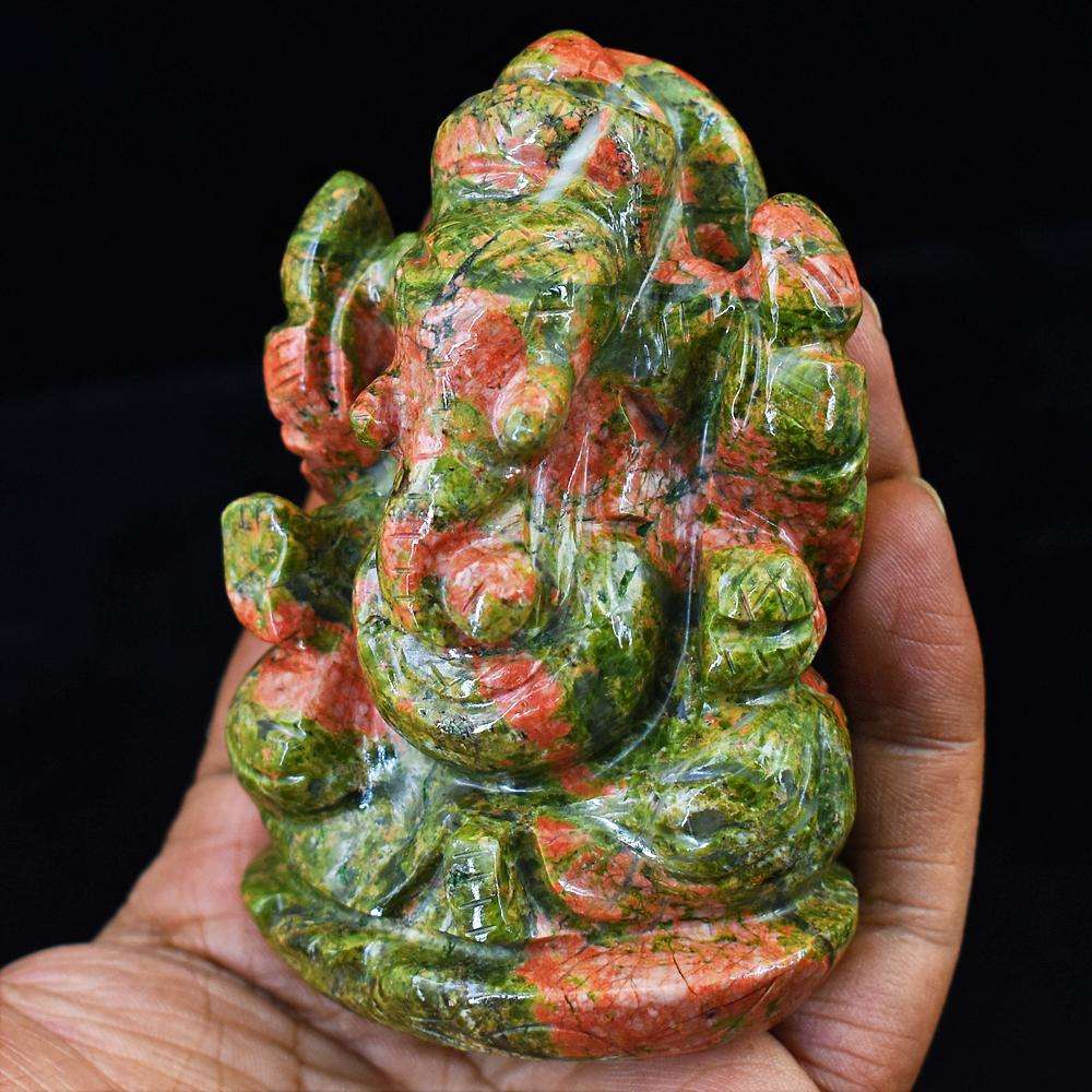 gemsmore:Amazing  Blood Green Unakite Hand Carved Lord Ganesha