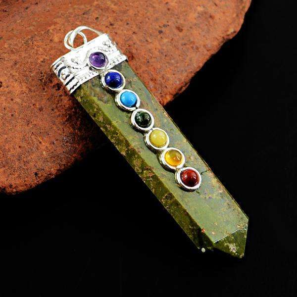 gemsmore:Amazing Blood Green Unakite Seven Chakra Healing Wand Pendant