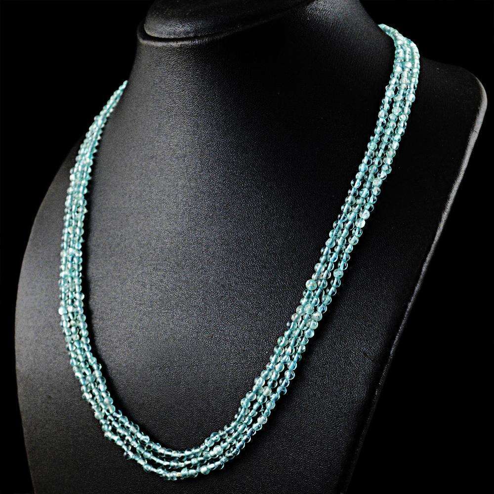 gemsmore:Amazing Blue Aquamarine Necklace Natural 3 Strand Round Shape Beads