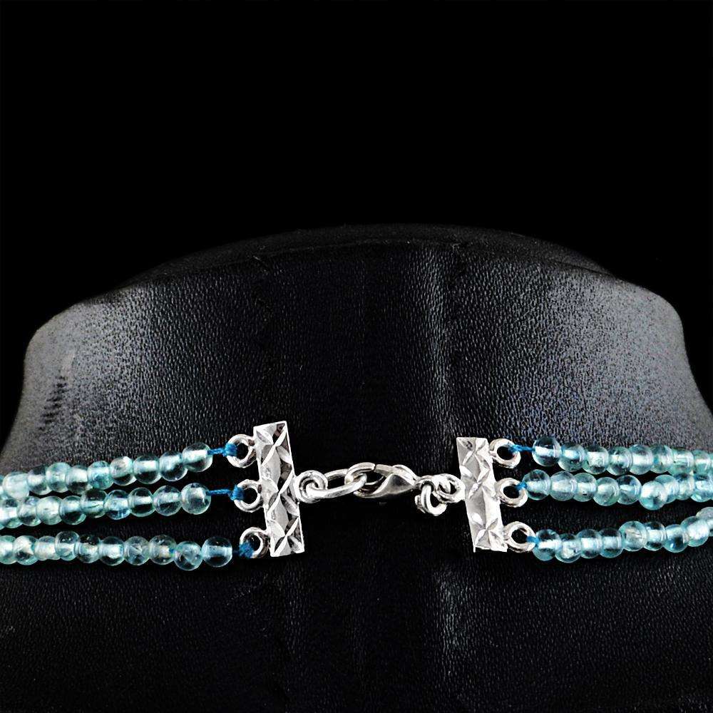 gemsmore:Amazing Blue Aquamarine Necklace Natural 3 Strand Round Shape Beads