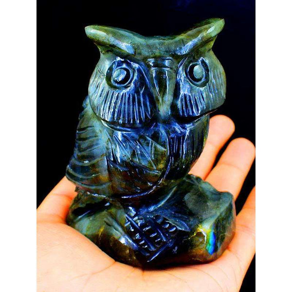 gemsmore:Amazing Blue Flash Labardorite Carved Gemstone Owl