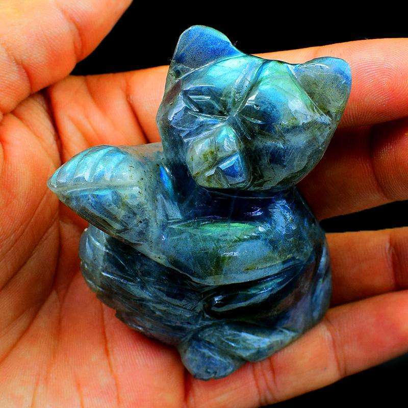 gemsmore:Amazing Blue Flash Labradorite Cat - Hand Carved