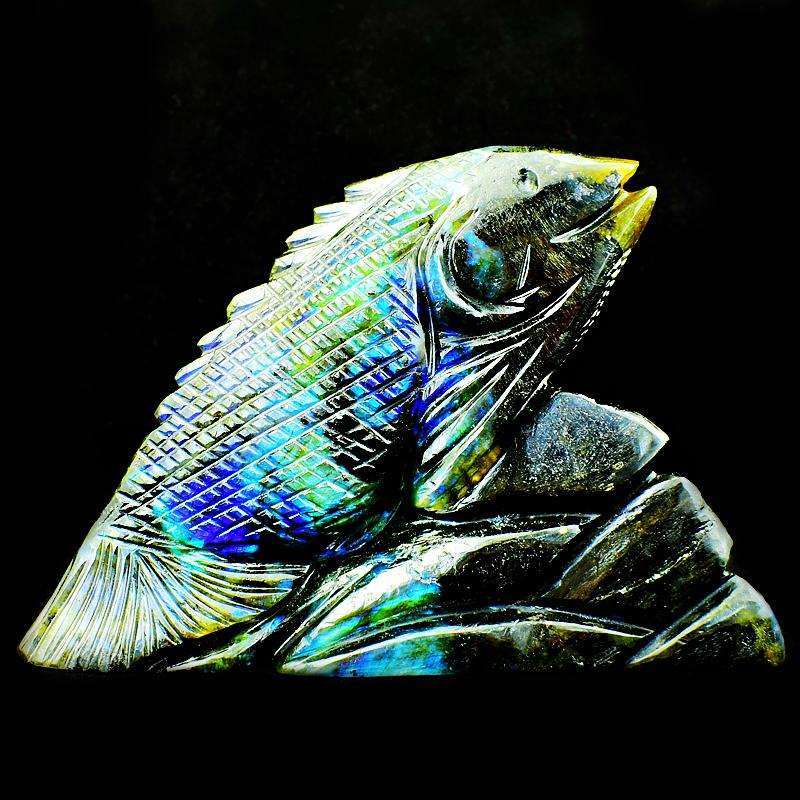 gemsmore:Amazing Blue Flash Labradorite Detailed Hand Carved Fish