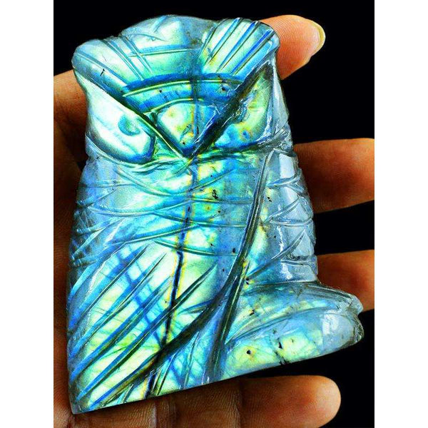 gemsmore:Amazing Blue Flash Labradorite Hand Carved Gemstone Owl