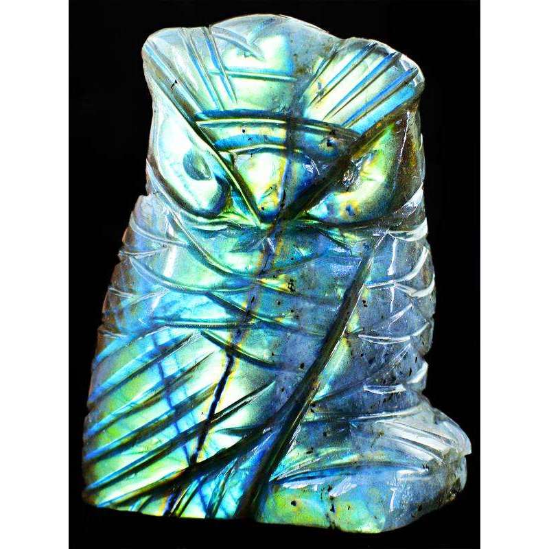 gemsmore:Amazing Blue Flash Labradorite Hand Carved Gemstone Owl