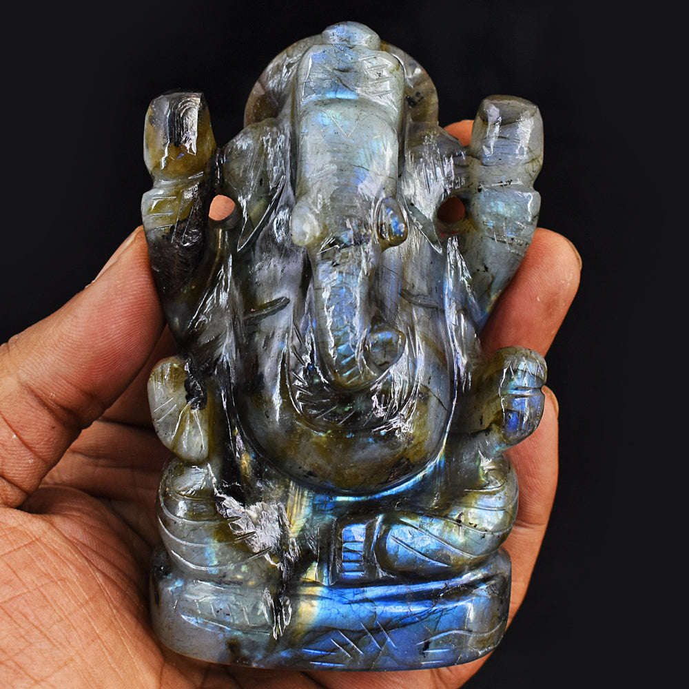 gemsmore:Amazing  Blue Flash Labradorite Hand Carved Lord Ganesha