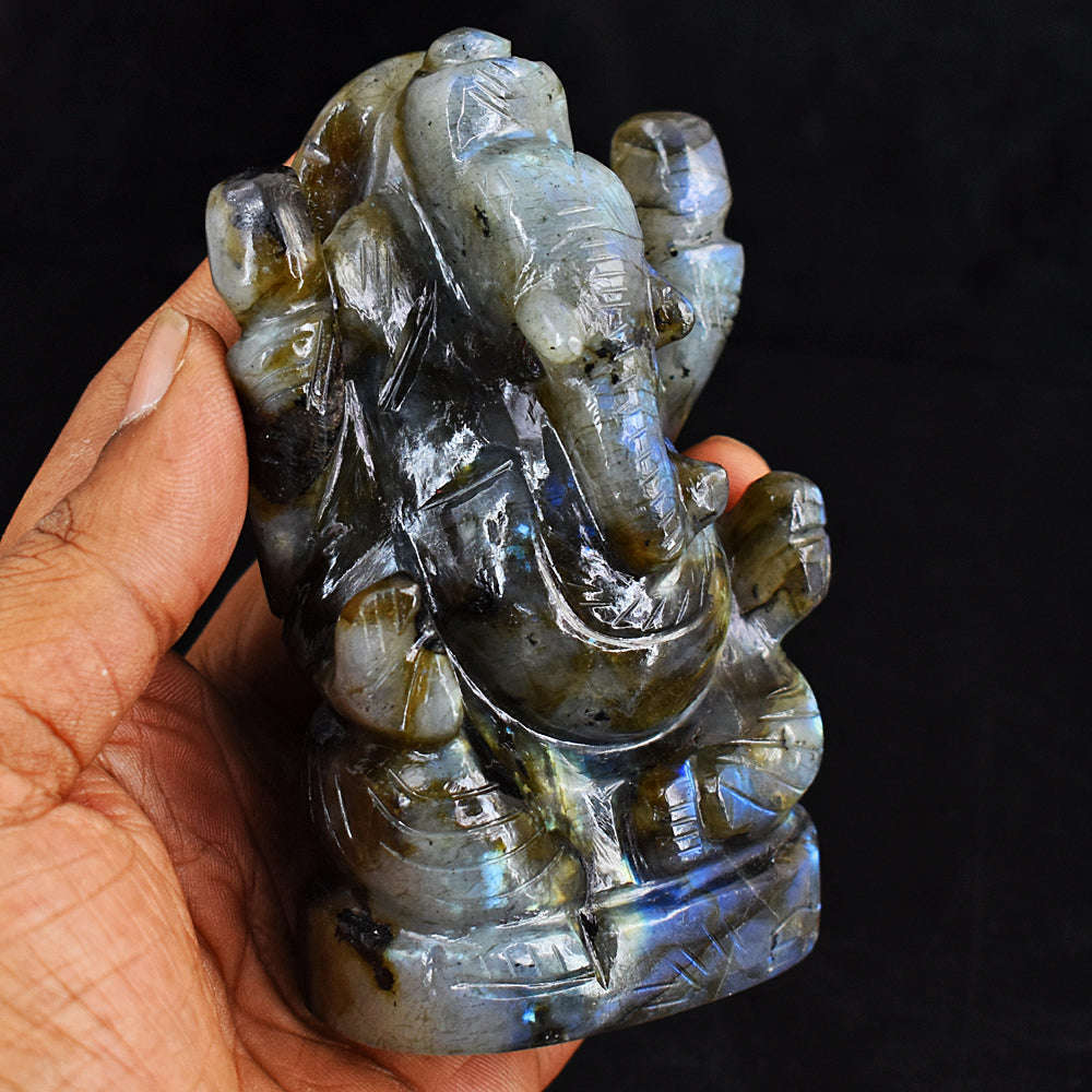 gemsmore:Amazing  Blue Flash Labradorite Hand Carved Lord Ganesha