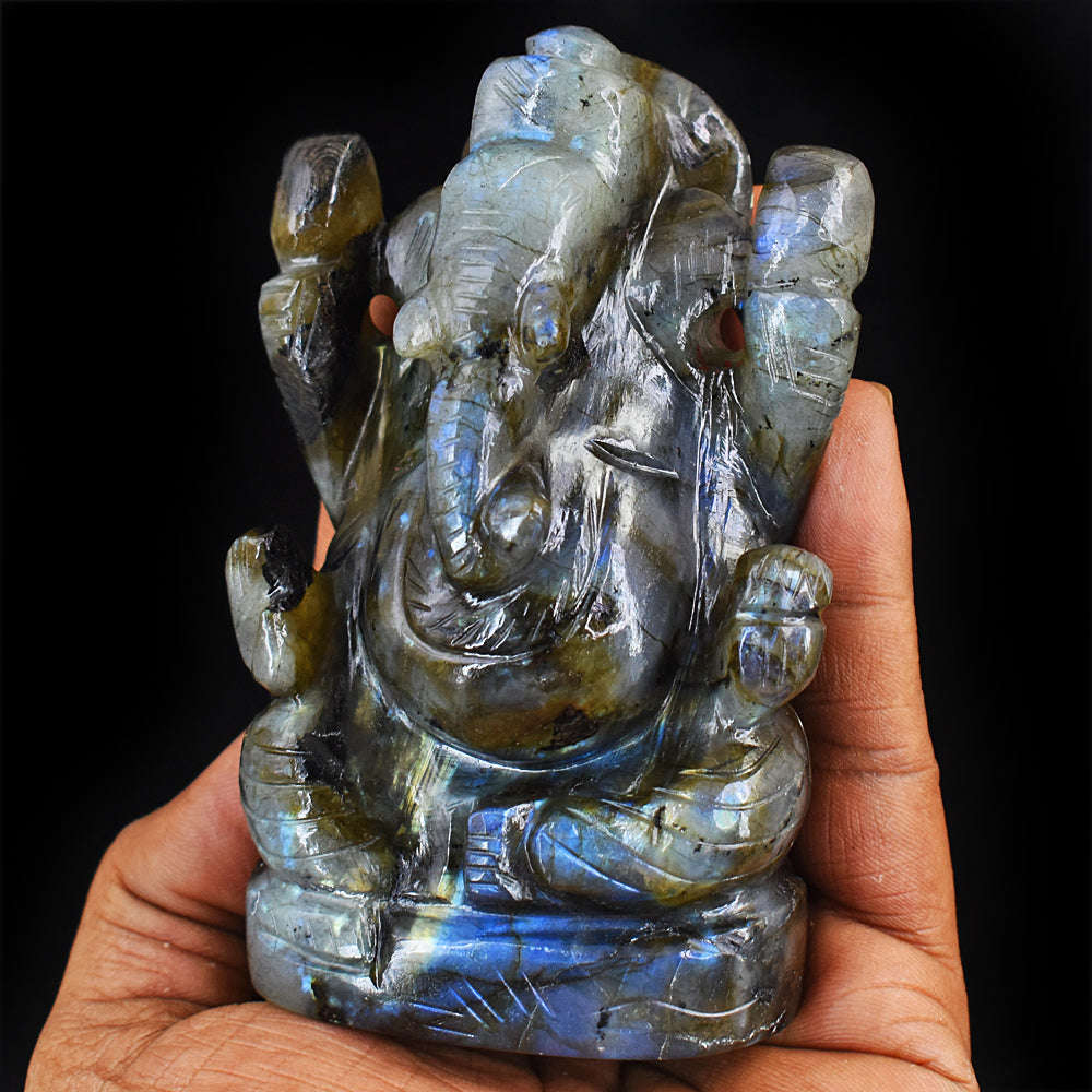 gemsmore:Amazing  Blue Flash Labradorite Hand Carved Lord Ganesha