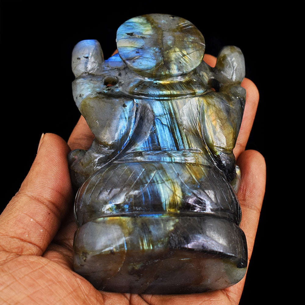 gemsmore:Amazing  Blue Flash Labradorite Hand Carved Lord Ganesha