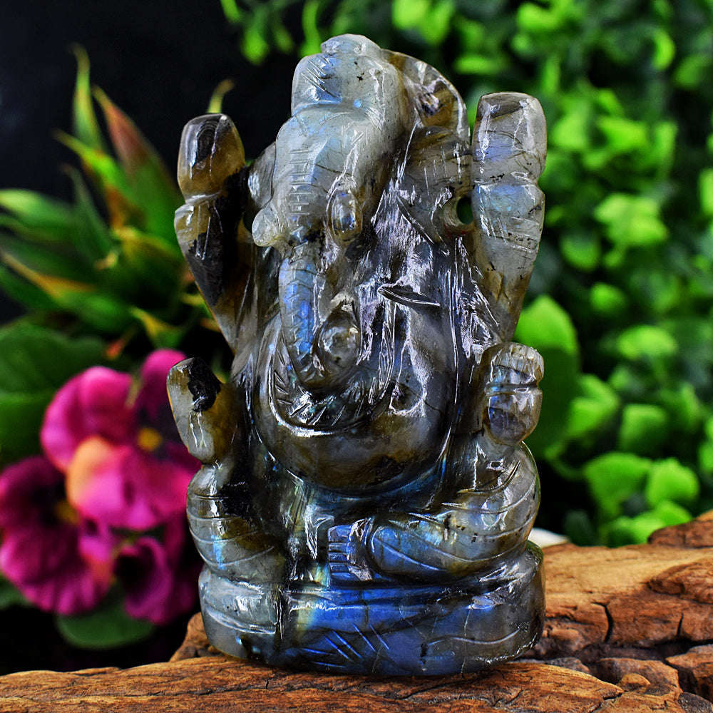 gemsmore:Amazing  Blue Flash Labradorite Hand Carved Lord Ganesha