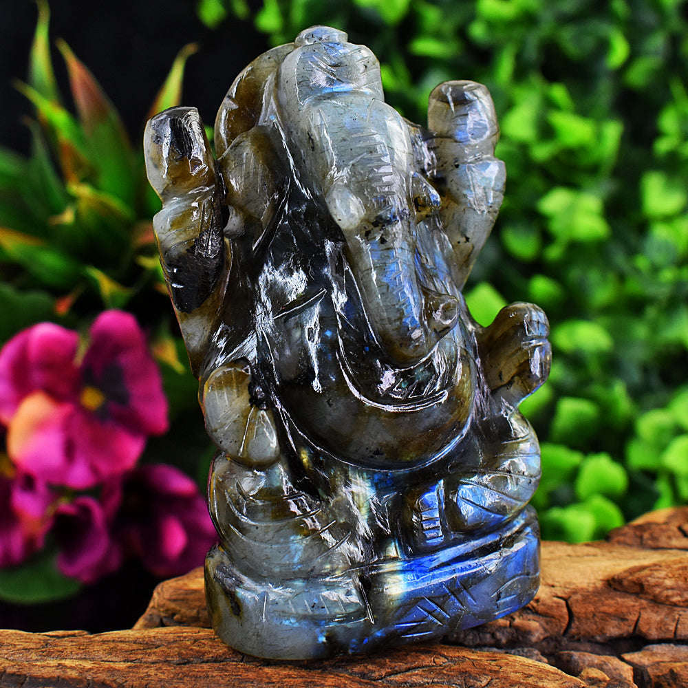 gemsmore:Amazing  Blue Flash Labradorite Hand Carved Lord Ganesha