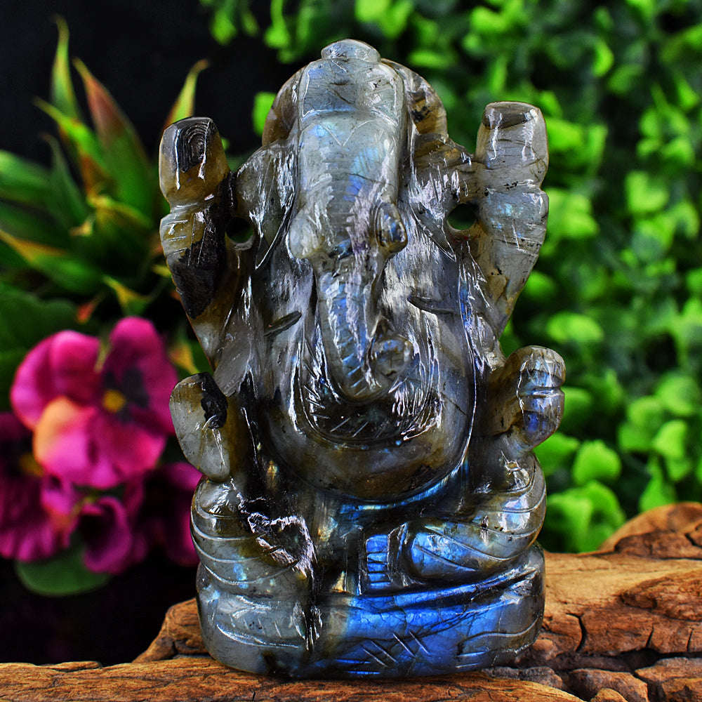 gemsmore:Amazing  Blue Flash Labradorite Hand Carved Lord Ganesha