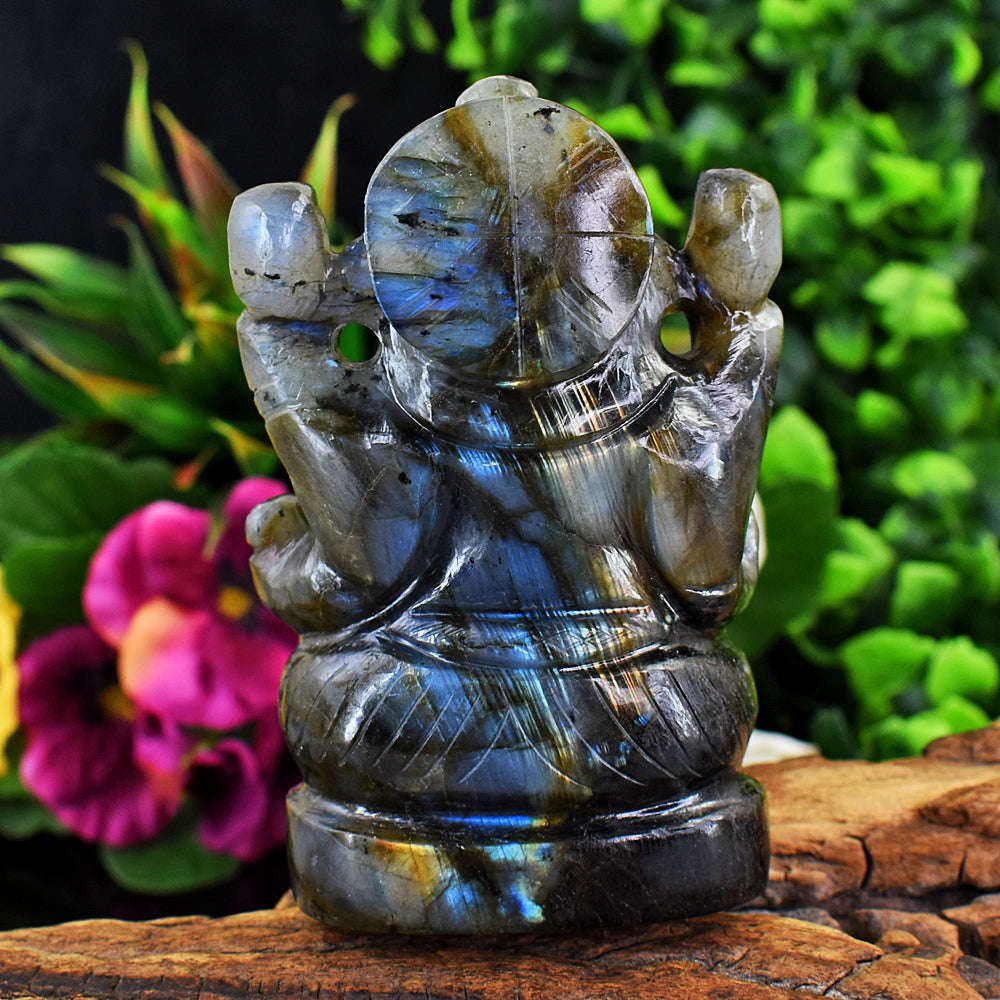 gemsmore:Amazing  Blue Flash Labradorite Hand Carved Lord Ganesha