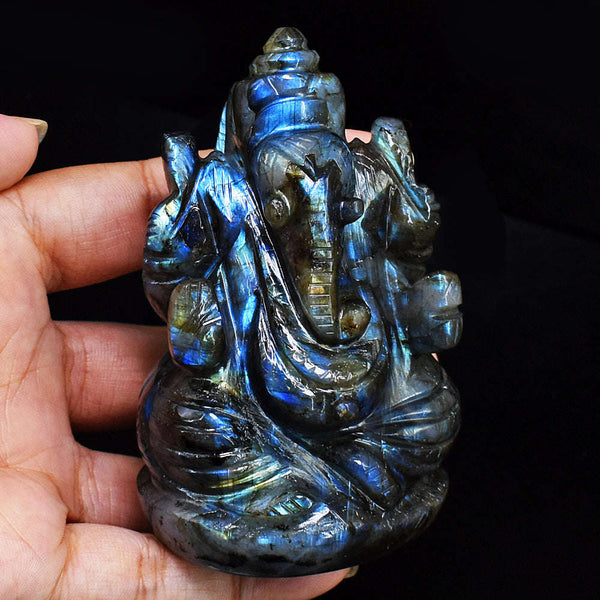 gemsmore:Amazing  Blue Flash Labradorite Hand Carved Lord Ganesha