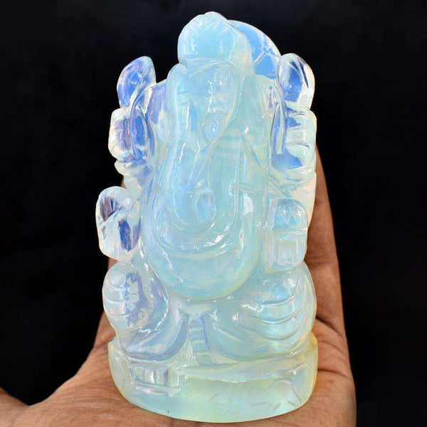 gemsmore:Amazing Blue Flash Opalite Hand Carved Lord Ganesha Idol