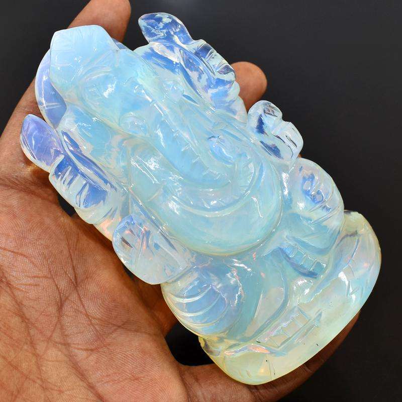 gemsmore:Amazing Blue Flash Opalite Hand Carved Lord Ganesha Idol