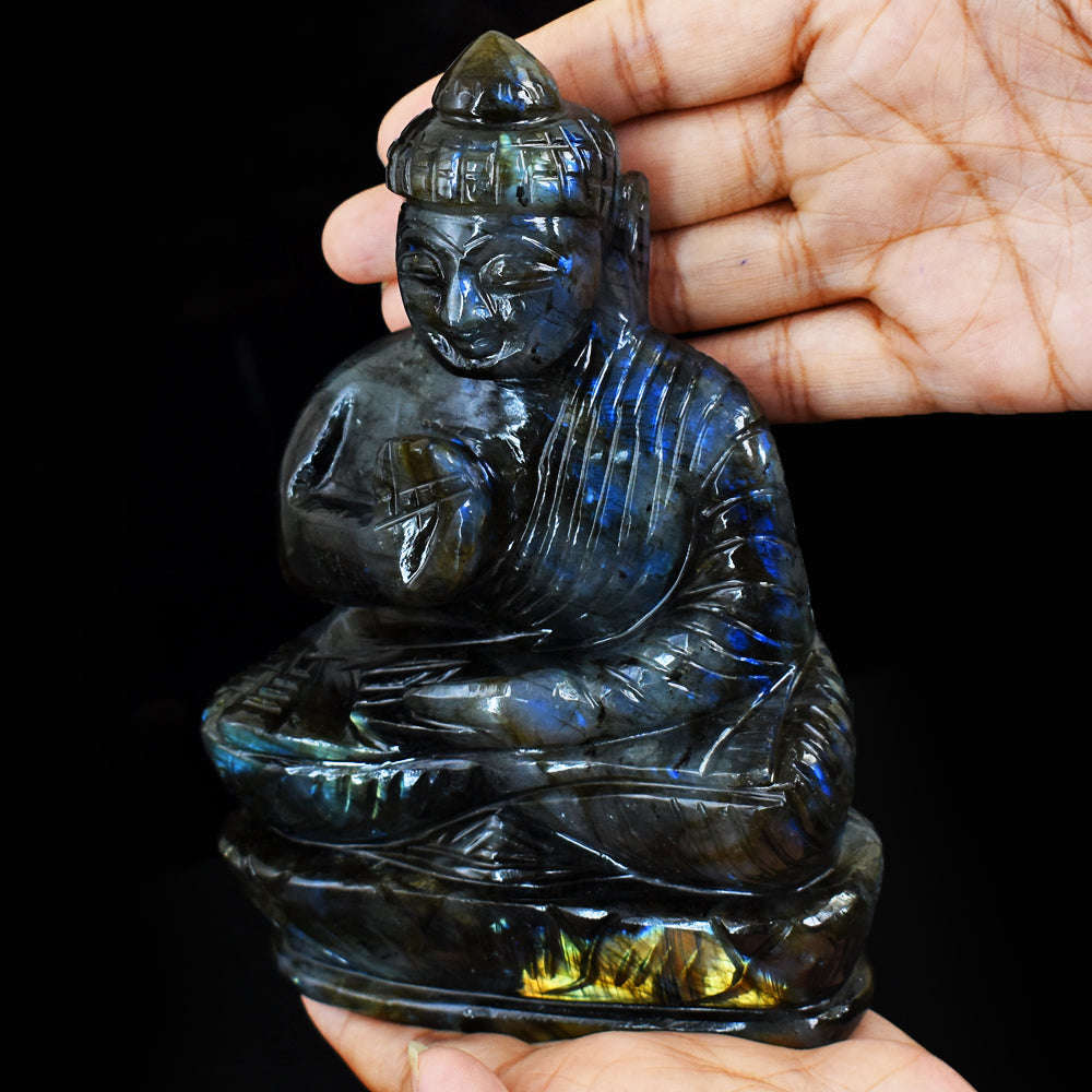 gemsmore:Amazing Blue & Golden Flash Labradorite Hand Carved Lord Buddha