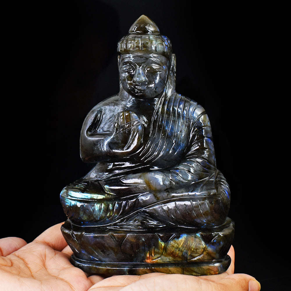 gemsmore:Amazing Blue & Golden Flash Labradorite Hand Carved Lord Buddha