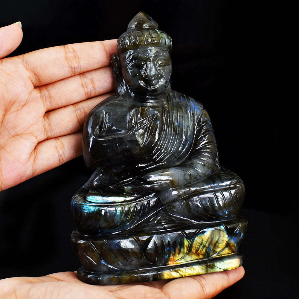 gemsmore:Amazing Blue & Golden Flash Labradorite Hand Carved Lord Buddha