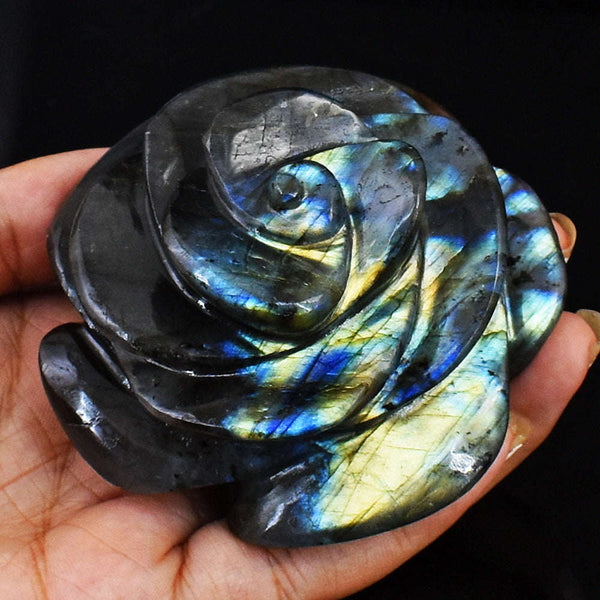 gemsmore:Amazing Blue & Golden Flash Labradorite Hand Carved Rose