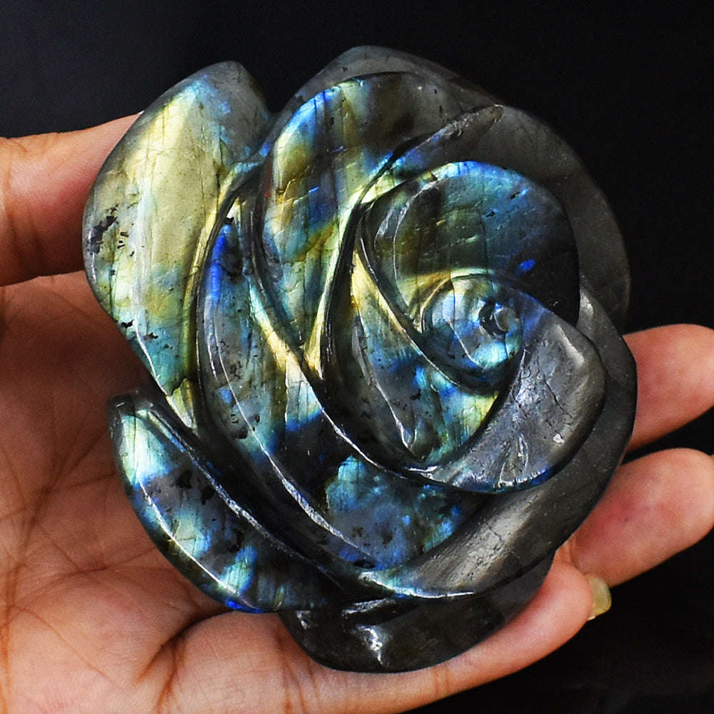 gemsmore:Amazing Blue & Golden Flash Labradorite Hand Carved Rose