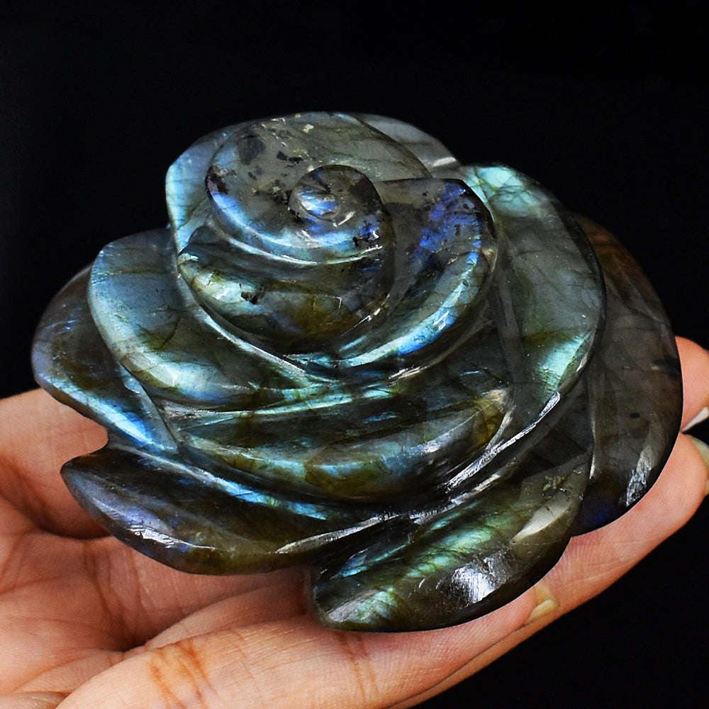 gemsmore:Amazing Blue & Green Flash Labradorite Carved Rose