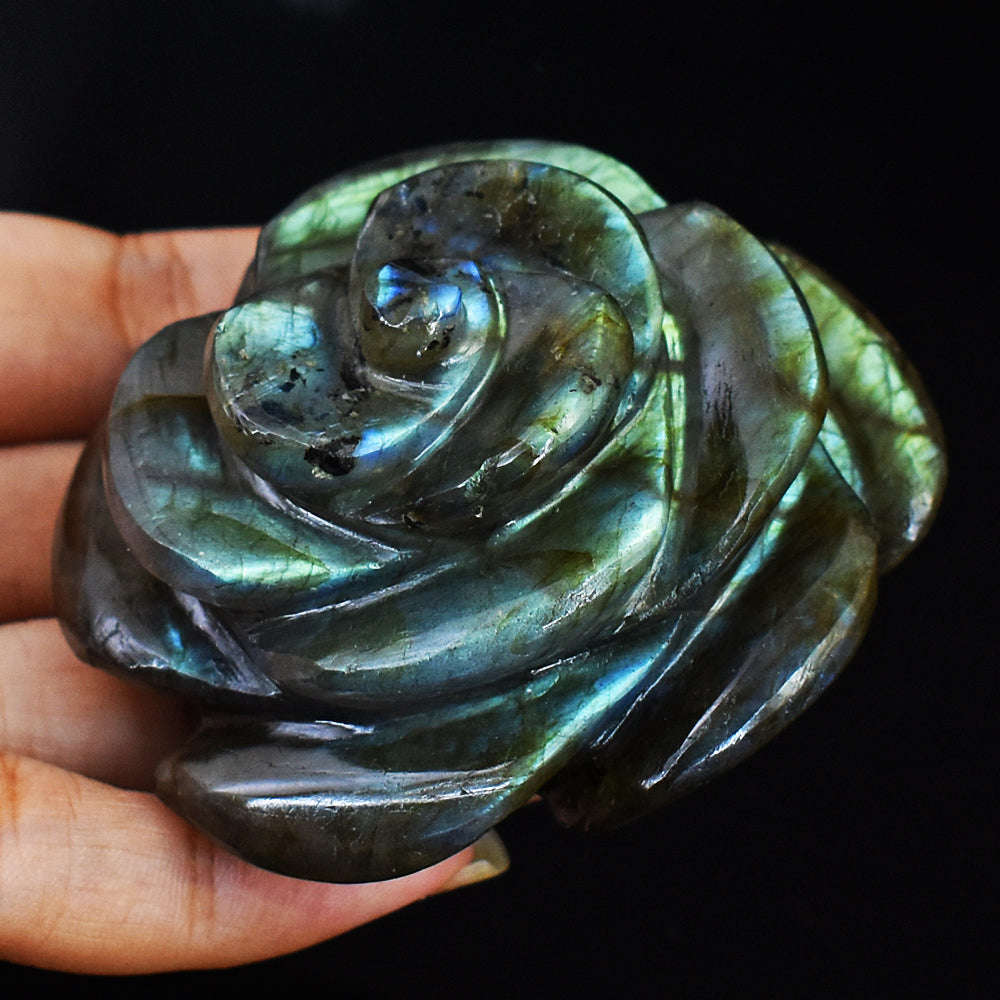 gemsmore:Amazing Blue & Green Flash Labradorite Carved Rose