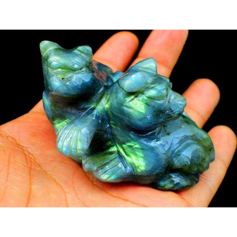 gemsmore:Amazing Blue & Green Flash Labradorite Hand Carved Twin Cat