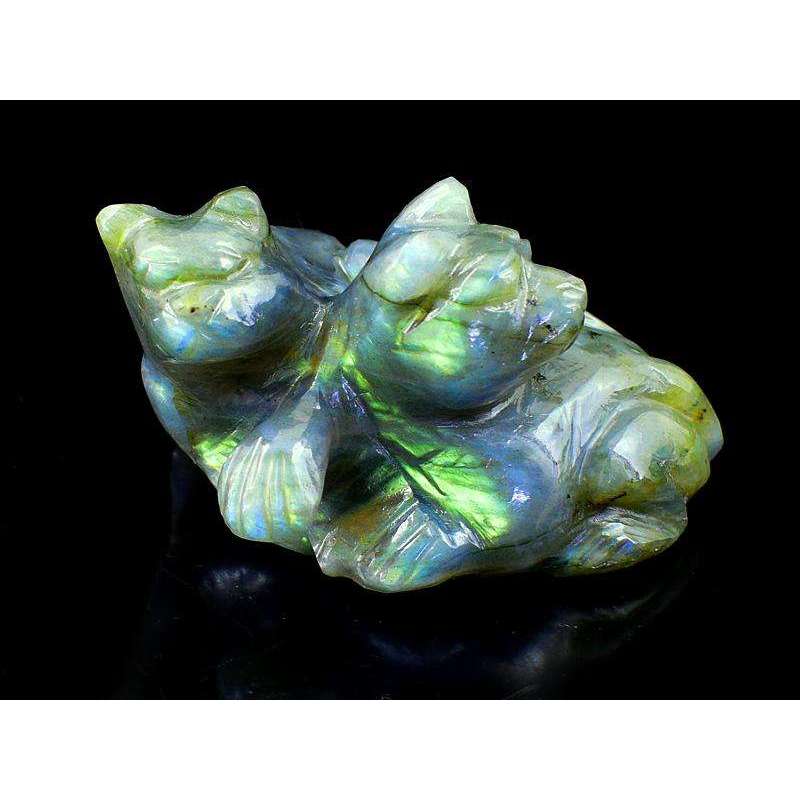 gemsmore:Amazing Blue & Green Flash Labradorite Hand Carved Twin Cat