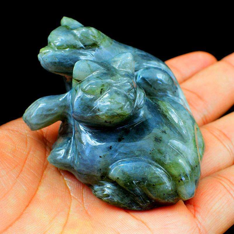 gemsmore:Amazing Blue & Green Flash Labradorite Hand Carved Twin Cat
