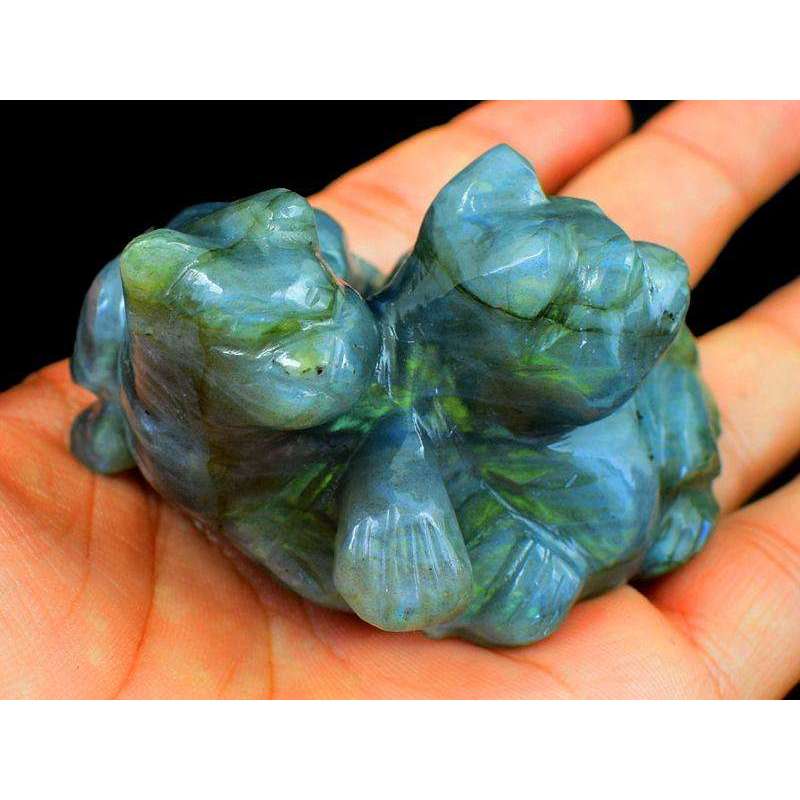 gemsmore:Amazing Blue & Green Flash Labradorite Hand Carved Twin Cat