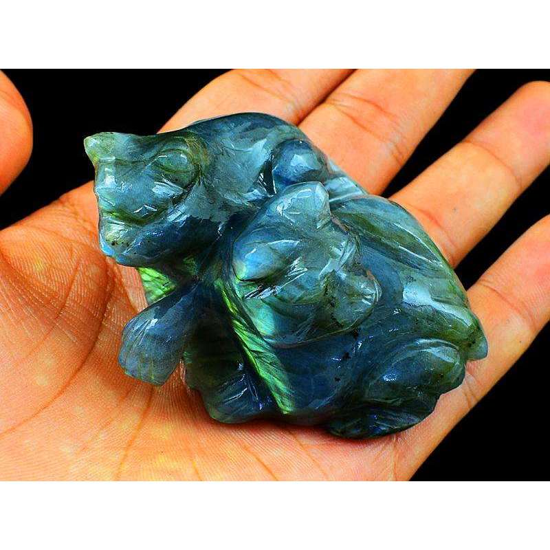 gemsmore:Amazing Blue & Green Flash Labradorite Hand Carved Twin Cat