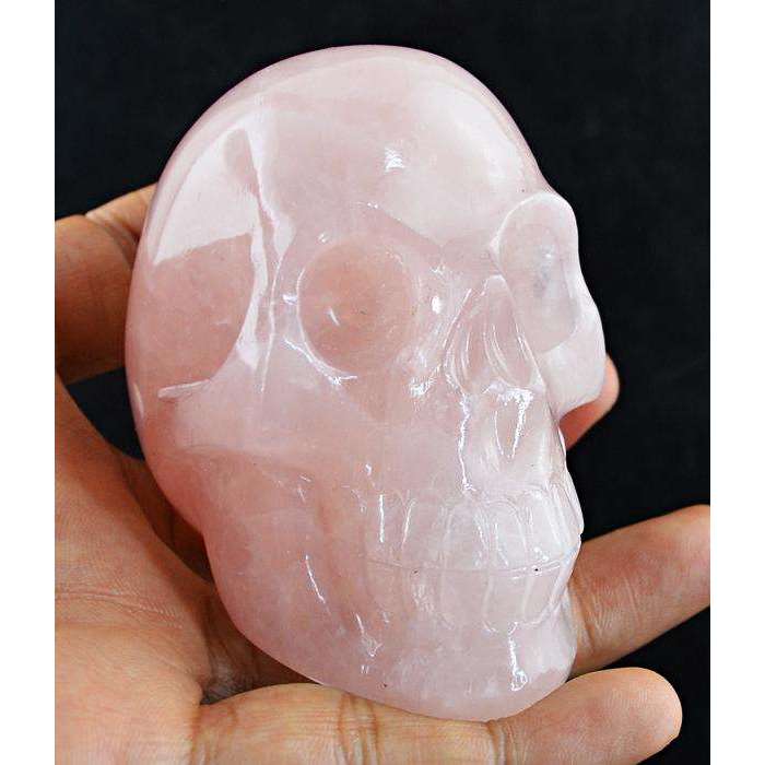 gemsmore:Amazing Carved Pink Rose Quartz Skull Gemstone